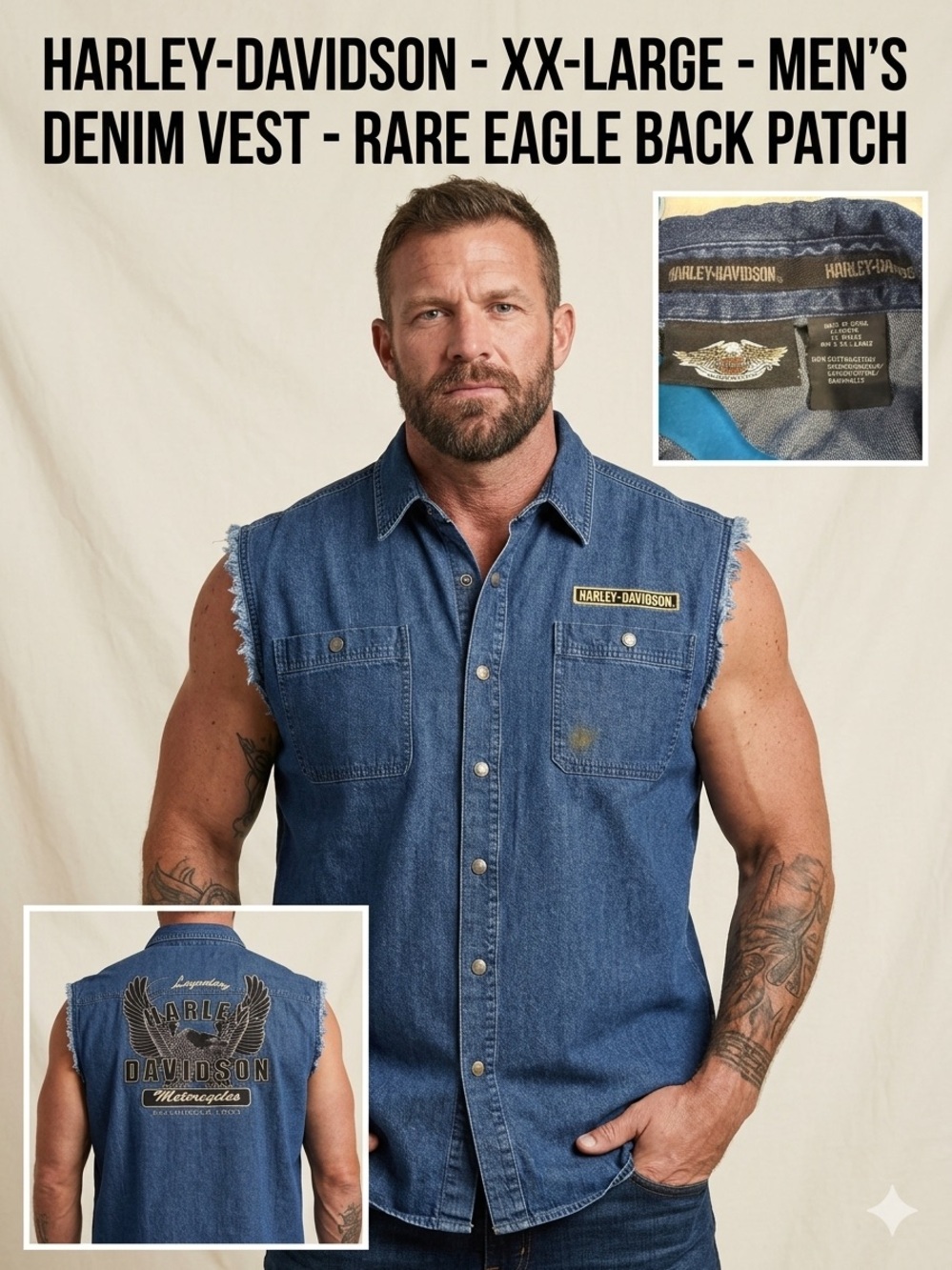 Harley-Davidson Men's Distressed Denim Biker Vest - XX-Large - Legendary Eagle